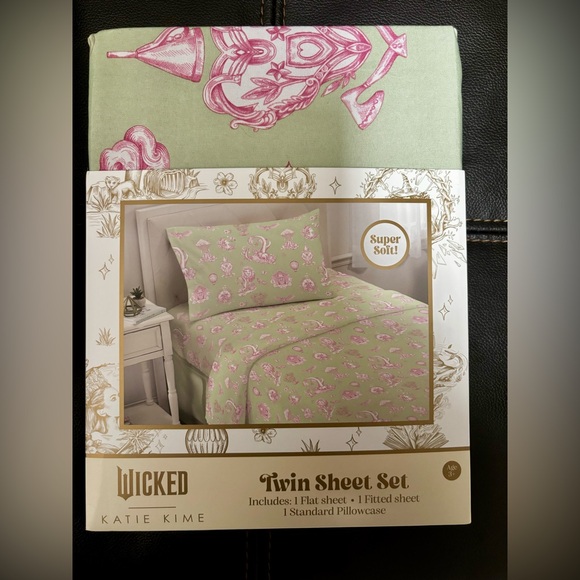 Wicked Katie Kime Green & Pink TWIN 3 Piece Sheet Set Girls Linens Bed Sheets - Picture 2 of 7